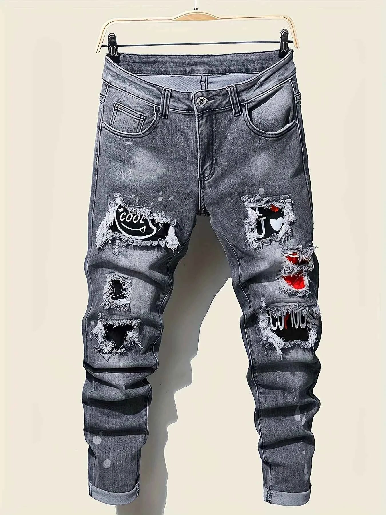 Men's slim fit ripped long denim pants