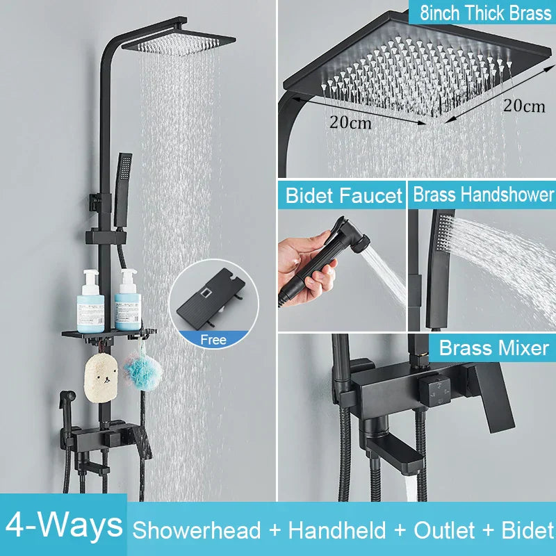 DecorBites™ Black Brass Shower Faucet Set Rainfall Bathtub Tap With Bathroom Shelf