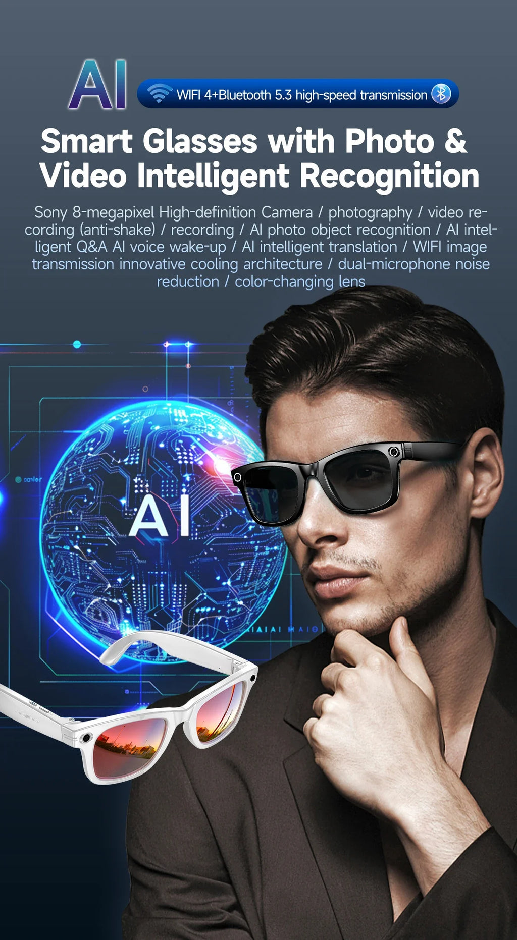 GUHUAVMI New 800W Camera AI Smart Glasses Color-Changing Translation Glasses Photo Video Recording Waterproof