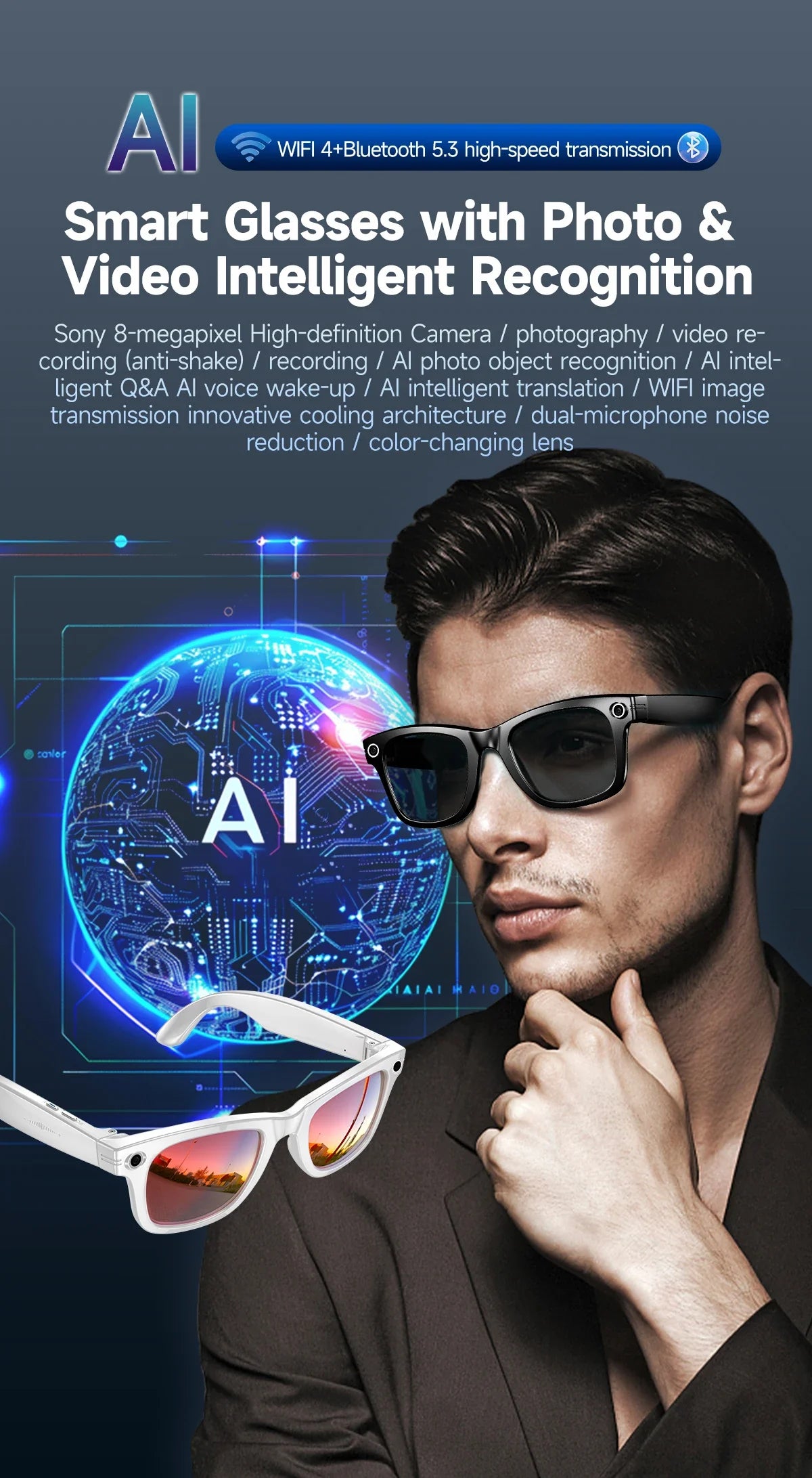 GUHUAVMI New 800W Camera AI Smart Glasses Color-Changing Translation Glasses Photo Video Recording Waterproof