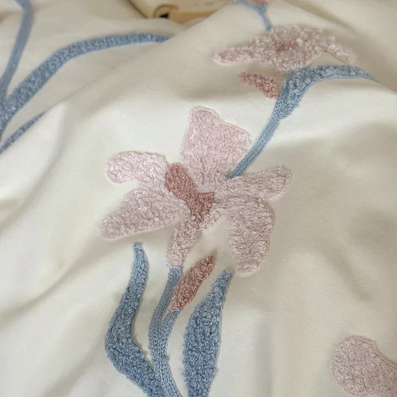 DecorBites™ Elegant Flower Embroidery Cotton Bedding Set - Single Queen King Sizes