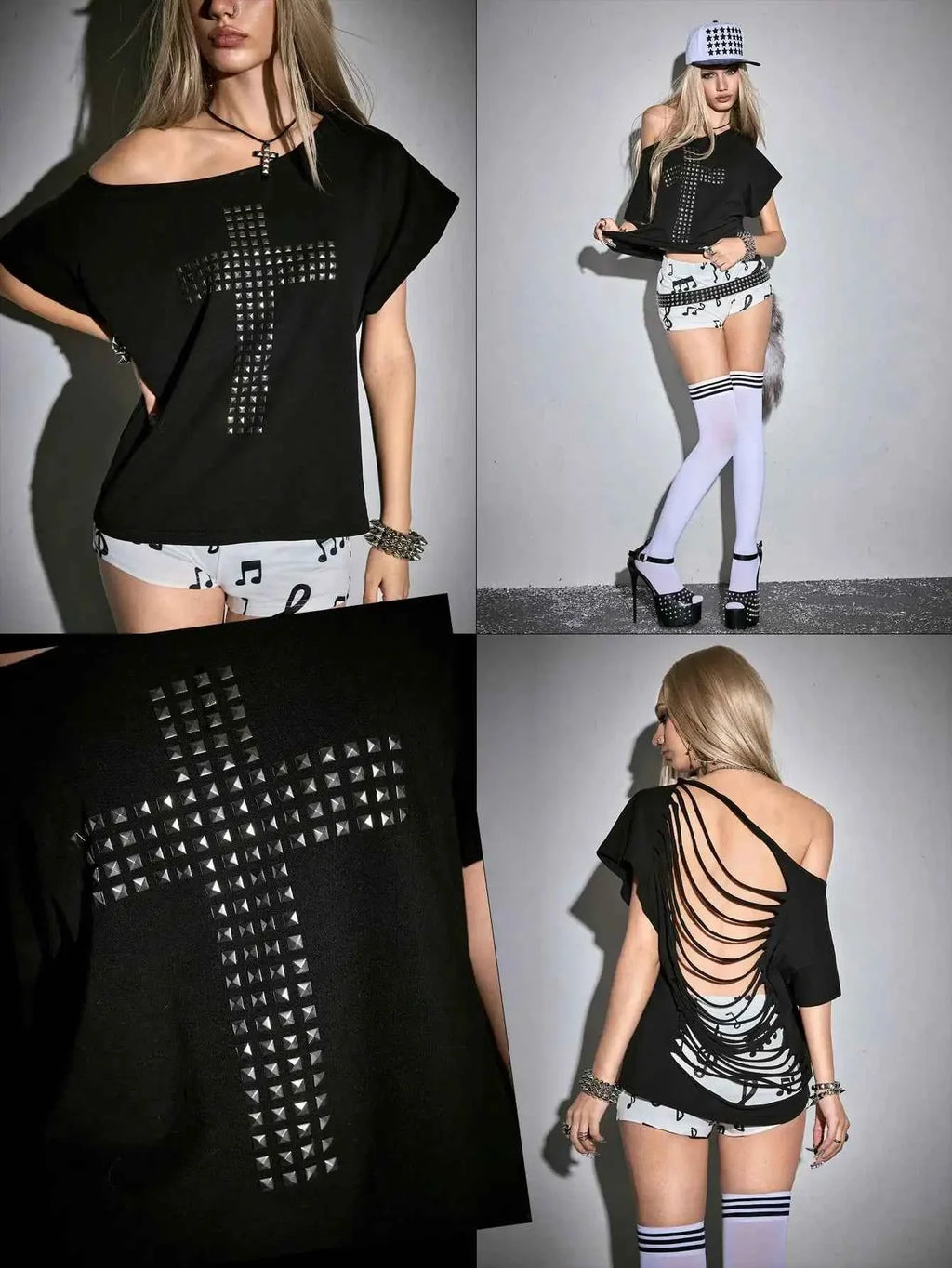 Punk Y2K Studded Cross T-Shirt with Cutout Back