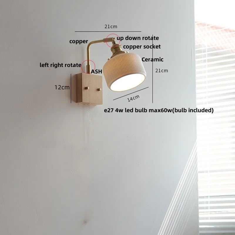 DecorBites™ Globe Ceramic LED Wall Lights Walnut Wood Sconce Rotatable Bedside Lamp