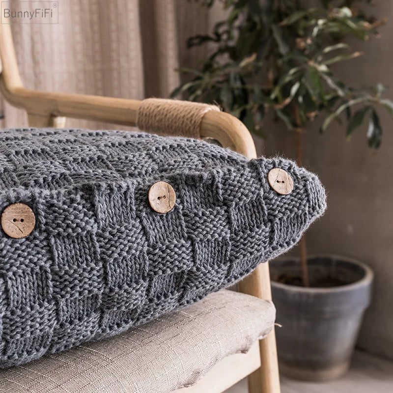 DecorBites™ Knit Pillow Cover Nordic Style Button Open Grey Ivory Coffee