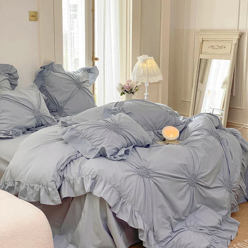 DecorBites™ Korean Princess Style Pure Cotton Bedding Set with Ruffles and Heart Pleat