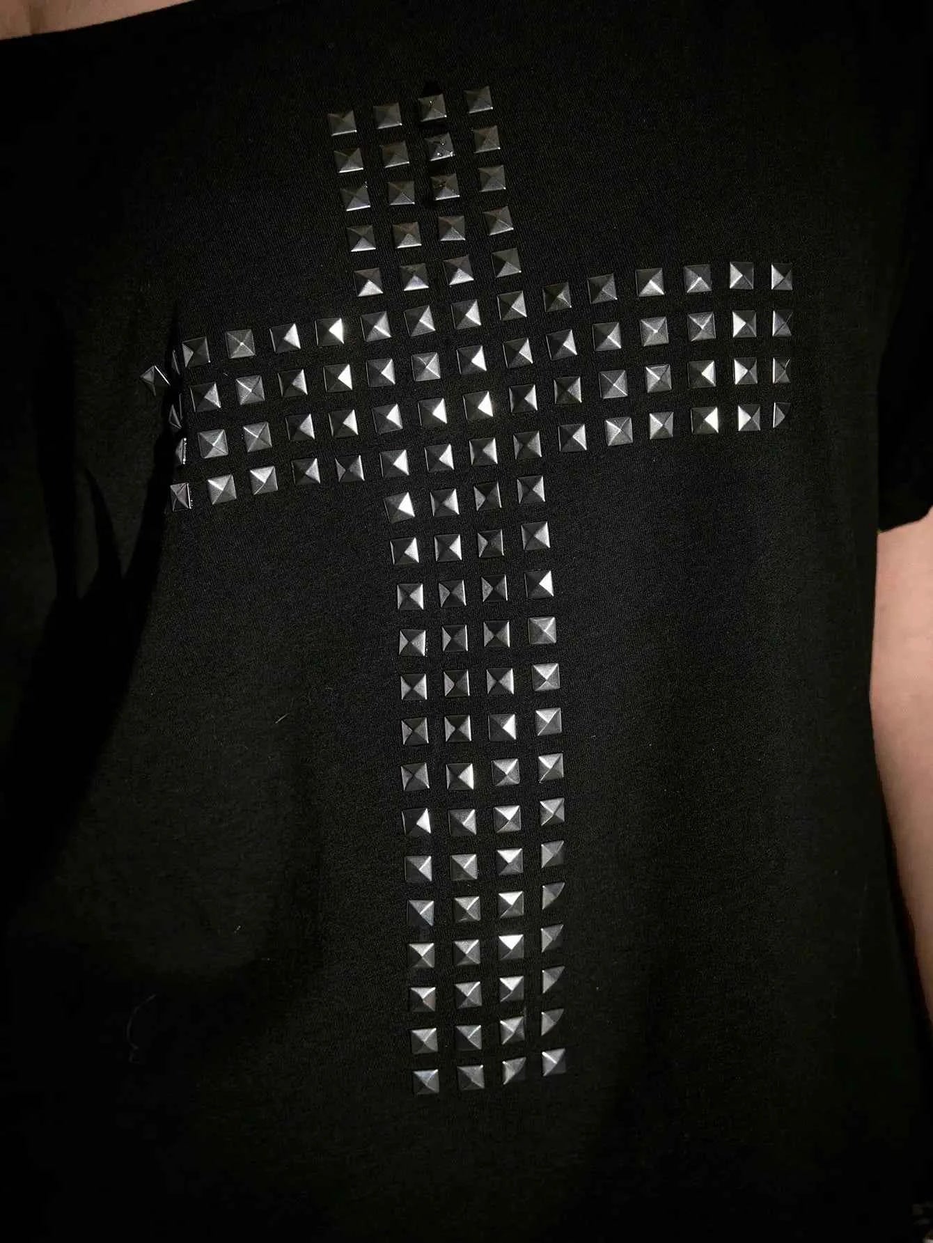 Punk Y2K Studded Cross T-Shirt with Cutout Back
