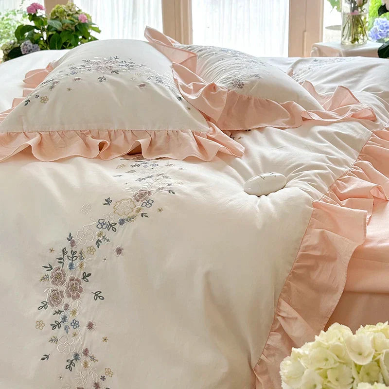 DecorBites™ Korean Princess Lace Ruffles Flowers Embroidery Bedding Set with 100% Cotton Quality.