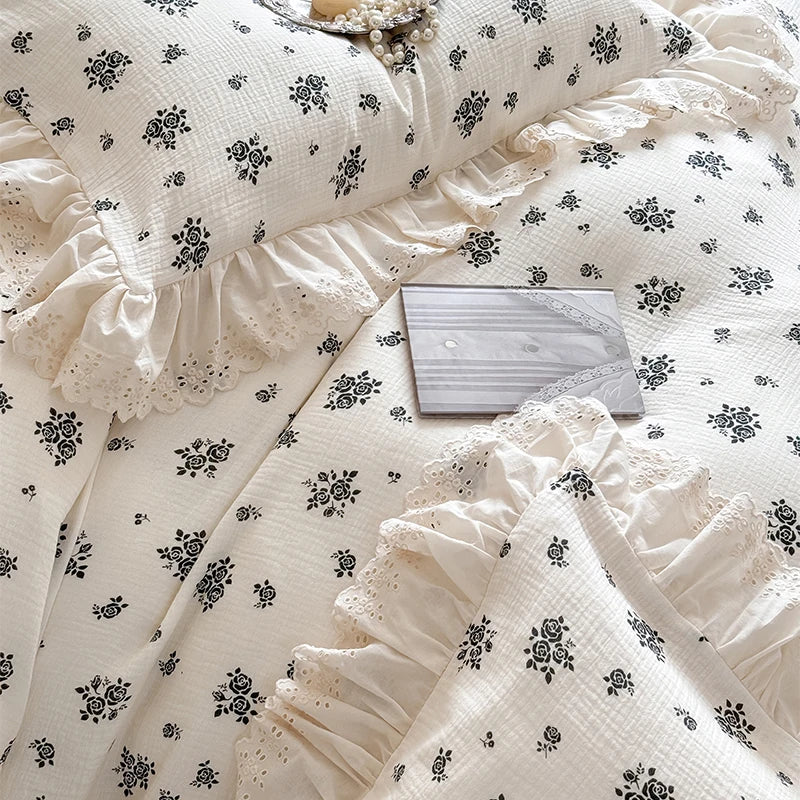DecorBites™ French Lace Floral Ruffles Bedding Set - 100% Cotton Wrinkled Yarn 4Pcs