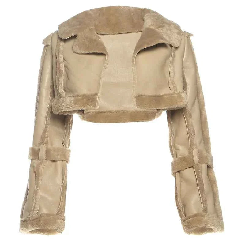 Furry Patchwork Women's Crop Jacket Warm Outwear Basic