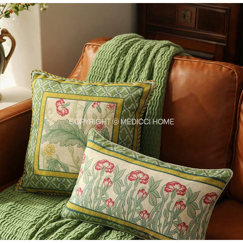 DecorBites™ French Linen Flax Lumbar Pillow Cover Flower Birds Print, Fairy Green