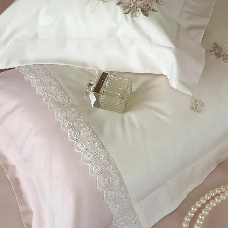 DecorBites™ Flowers Embroidery Lace Princess Bedding Set 1000TC Egyptian Cotton Duvet Cover Set