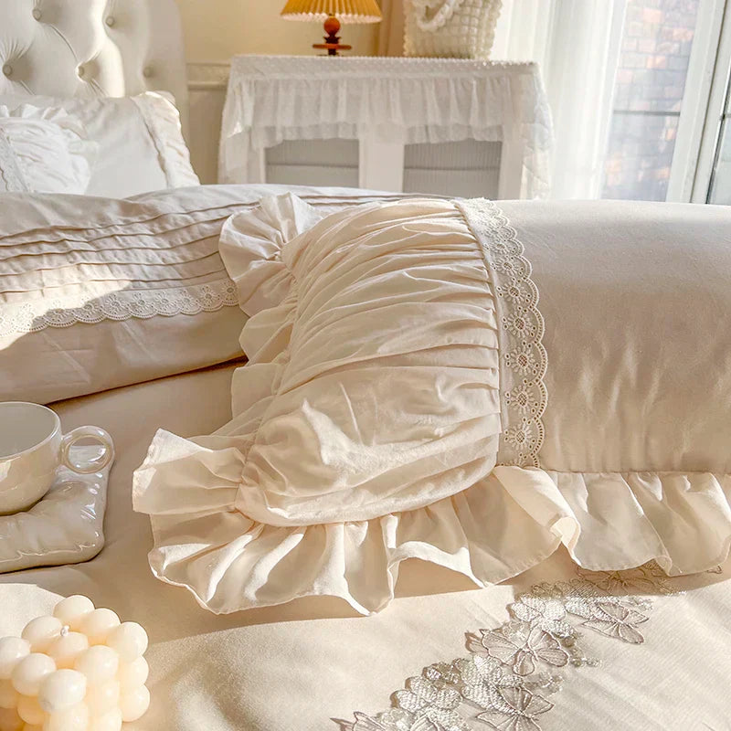DecorBites™ French Princess Cotton Bedding Set with Flower Embroidery and Ruffle Edge