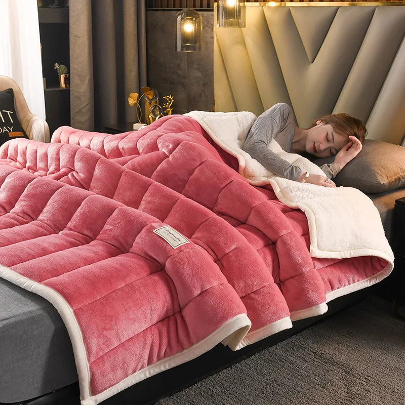 DecorBites™ Cozy Coral Fleece 3-Layer Bed Blanket for Autumn & Winter Warmth