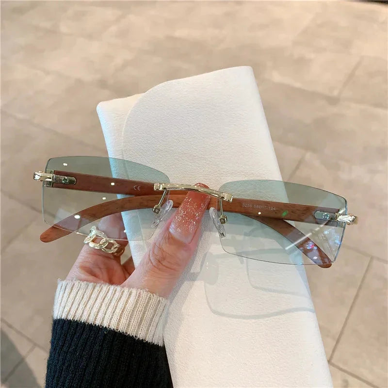 KAMMPT Rimless Sunglasses For Men Women Wooden Pattern Luxury Brand Retro Sun Glasses Fashion Shades UV400 Travel Outdoor