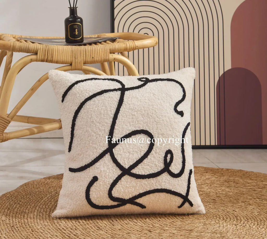DecorBites™ Lambswool Face Cushion Cover 45x45 Beige White Abstract Art Pillowcase