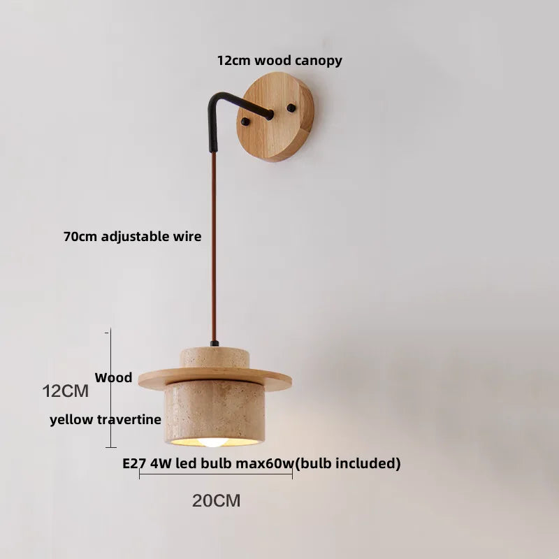 DecorBites™ Copper Wood LED Wall Sconce Yellow Travertine Stone Bedside Light