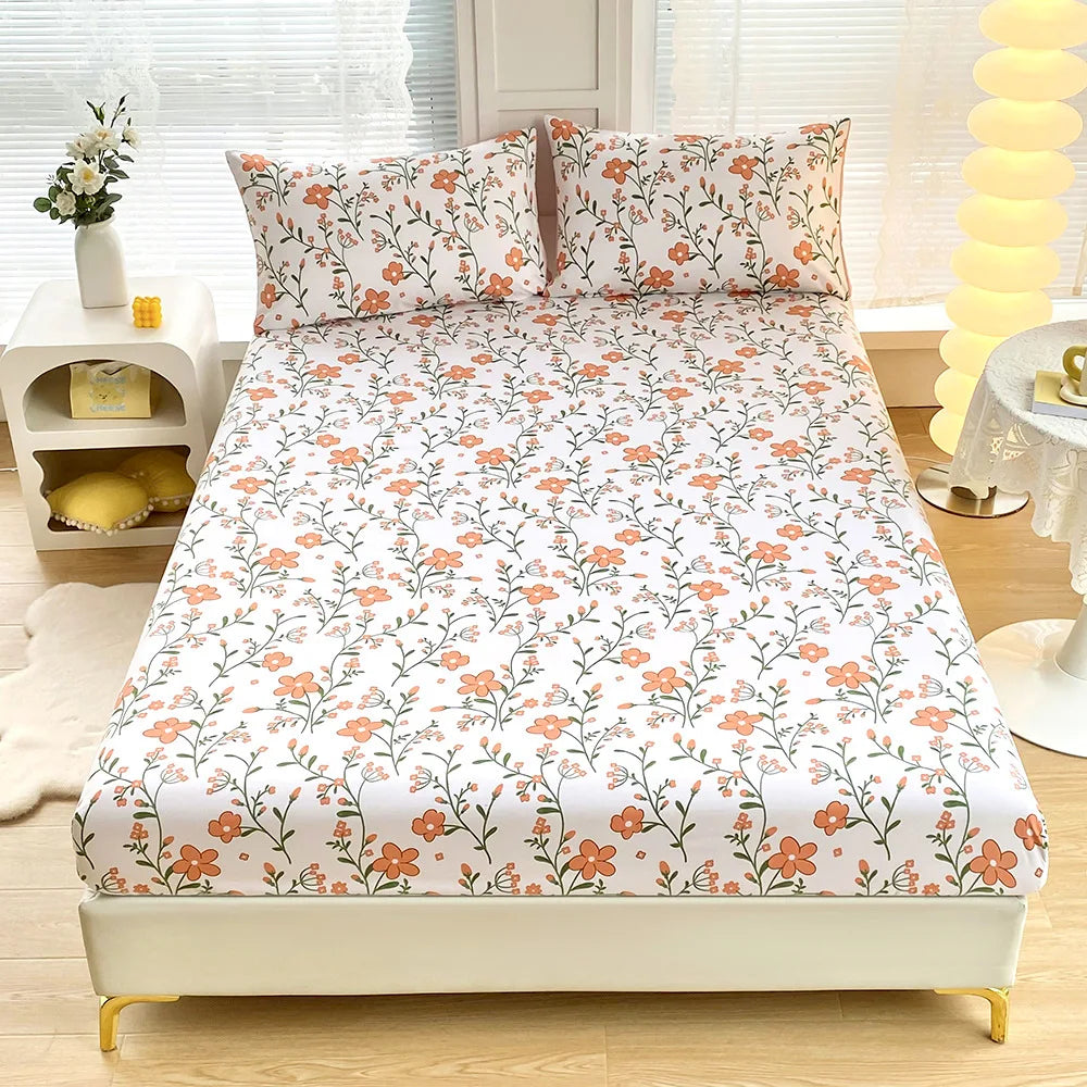 DecorBites™ Golden Feather Sheet Set: Fitted Sheet & 2 Pillowcases, All Season Bedspread