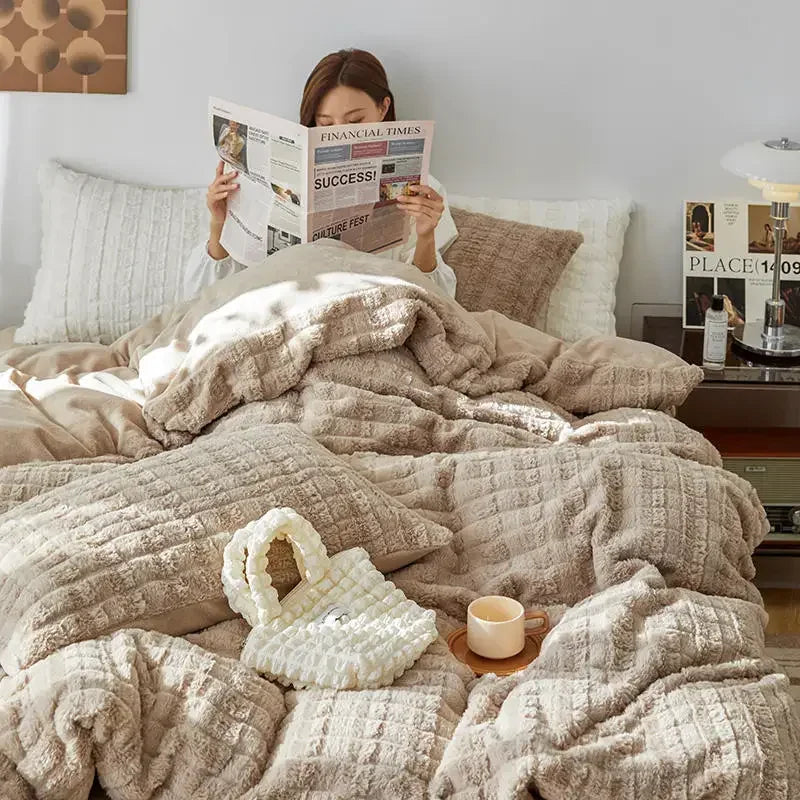 DecorBites™ Cozy Rabbit Velvet Queen Bedding Set for Autumn/Winter