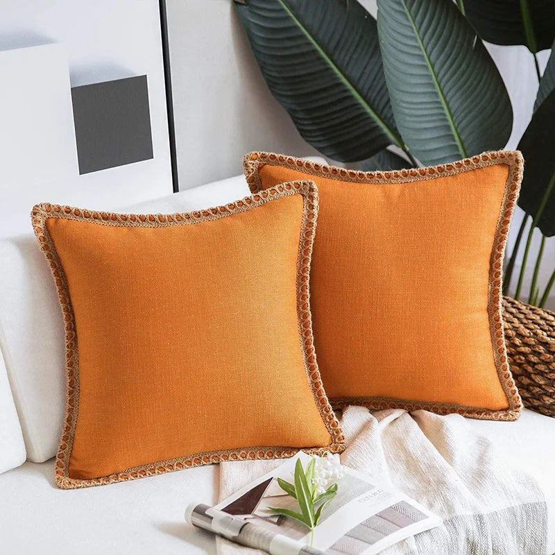 DecorBites™ Hemp Rope Edging Lotus Leaf Hug Pillowcase - Medium Cotton Linen Cushion Cover