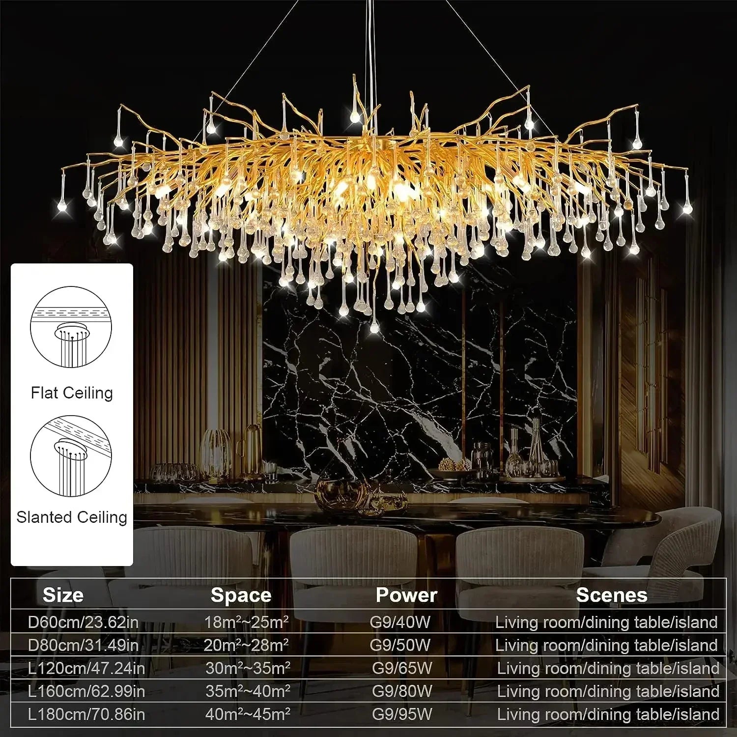 DecorBites™ Gold Crystal Tree Branch Chandelier for Dining Living Room Bedroom Decor