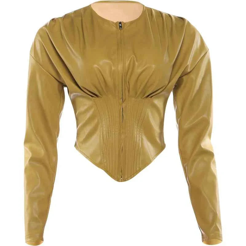PU Crop Jacket Women Irregular Waist-Cinch Spring Wild Zip Full Sleeve Streetwear