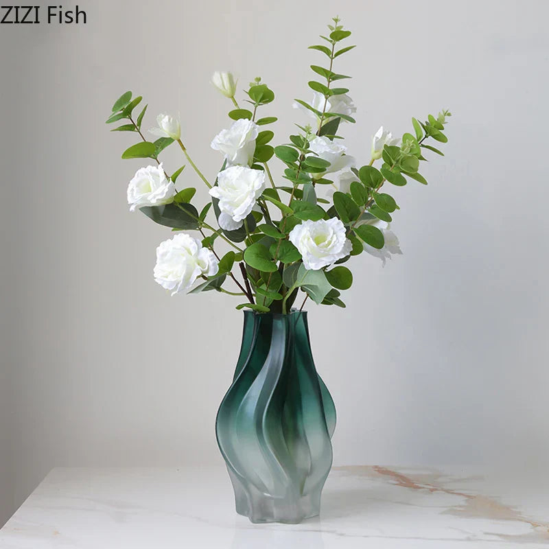 DecorBites™ Green Ripple Glass Vase with Artificial Flowers for Home Decor