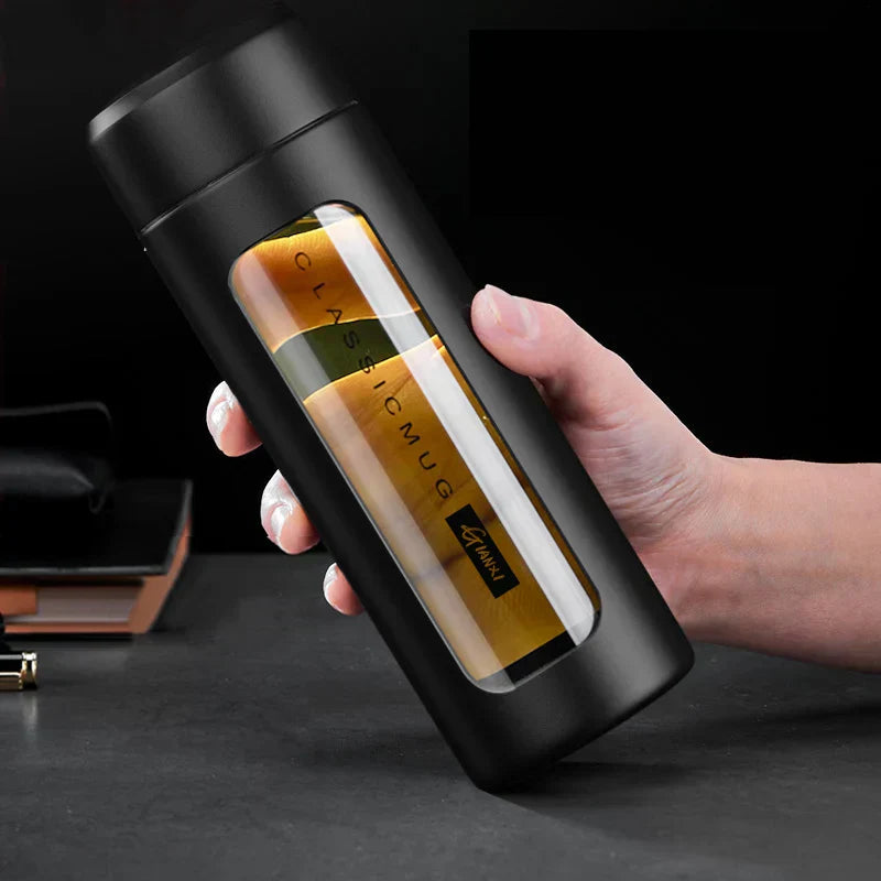 DecorBites™ Double Glass Water Bottle with Lid – Insulated Portable Tea Coffee Mug