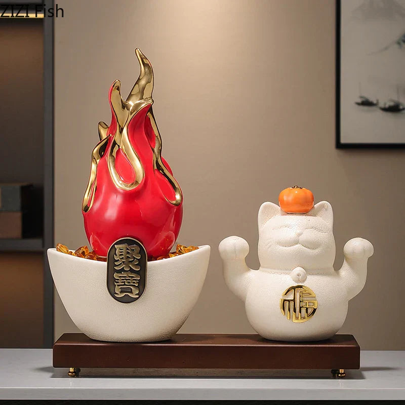 DecorBites™ Gilded Pitaya Cat Ceramic Feng Shui Ornament Landscaping Decoration