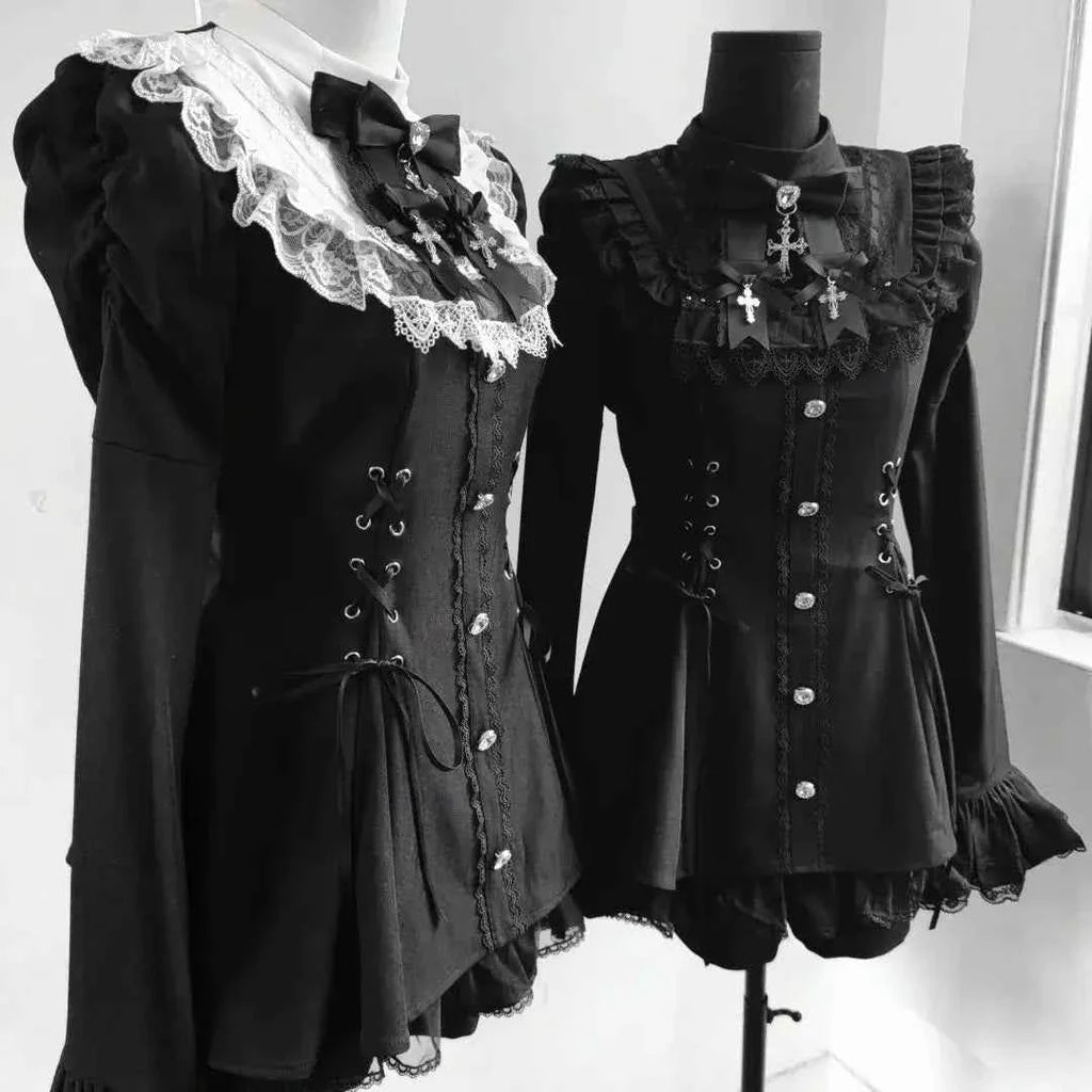 Y2k Aesthetic Lolita Style Bow Dress Set Women's Gothic Lace Flare Sleeve Button T-shirt Dress Punk Party Mini Dress