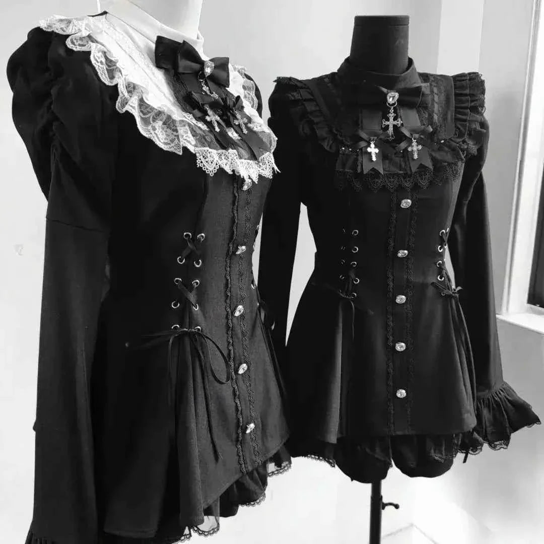 Y2k Aesthetic Lolita Style Bow Dress Set Women's Gothic Lace Flare Sleeve Button T-shirt Dress Punk Party Mini Dress