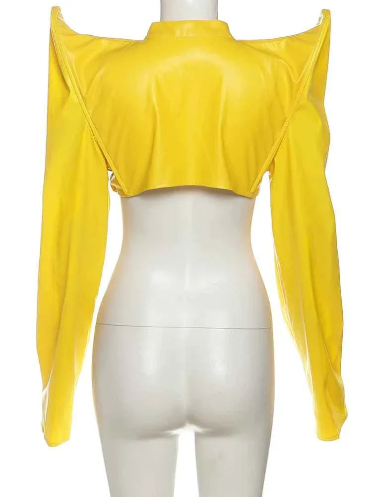 Women's Faux Leather Zip Cardigan Jacket Full Sleeve Navel Exposed