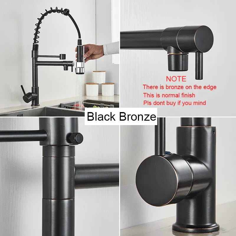 DecorBites™ Black Brass Kitchen Faucet with Dual Spout, 360 Rotation, Deck Mounted