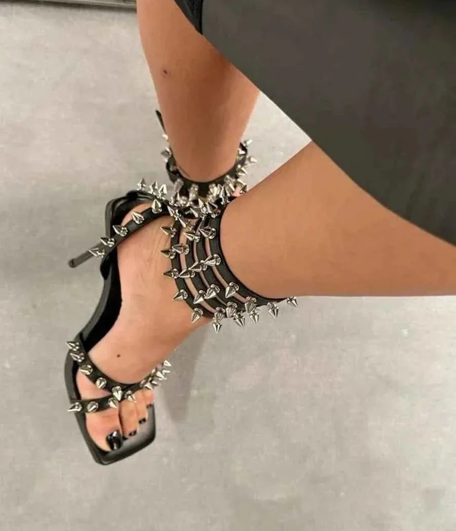 Punk Style Spiked Stilettos Square Open Toe Thin High Heels