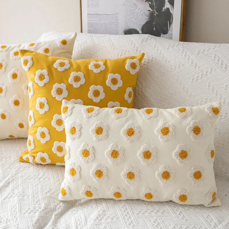 DecorBites™ Embroidered Flora Cotton Canvas Pillow Cover 30x50cm Yellow Zigzag Sham