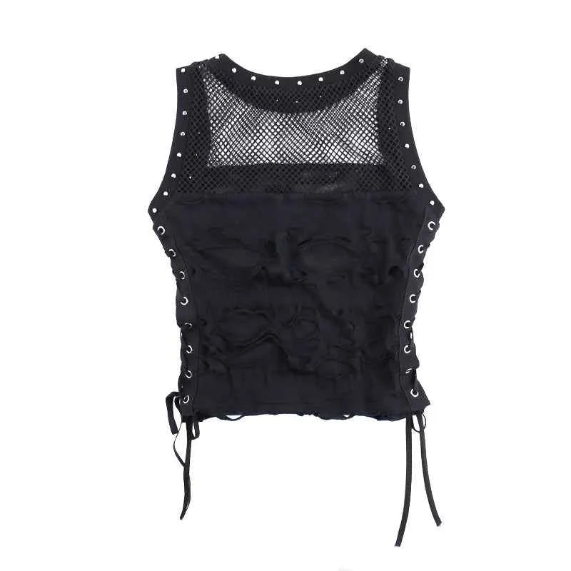 Gothic Crop Top T-Shirt for Women Sexy Fishnet Backless Steampunk