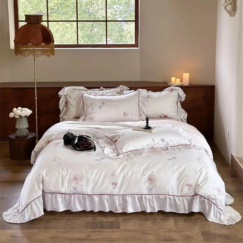 DecorBites™ French Rose Flowers Print Bedding Set, Elegant Ruffles Princess Collection