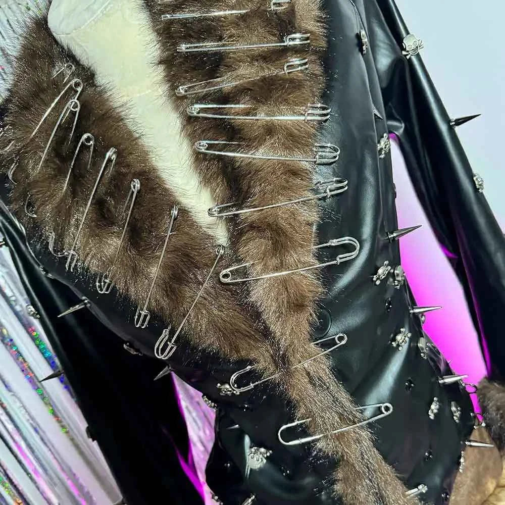 Grunge Goth Hand Made Punk Rock Studded Y2K Vegan Leather Faux Fur Jacket Pin