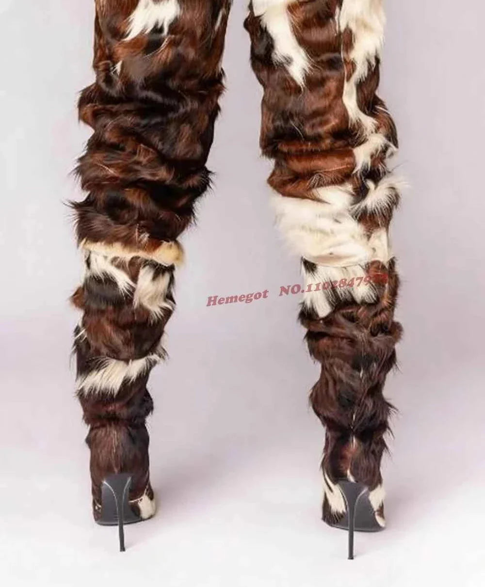 Horsehair Patchwork Thigh High Boots Rivet Stiletto Fur Pointy Toe Women's Boots