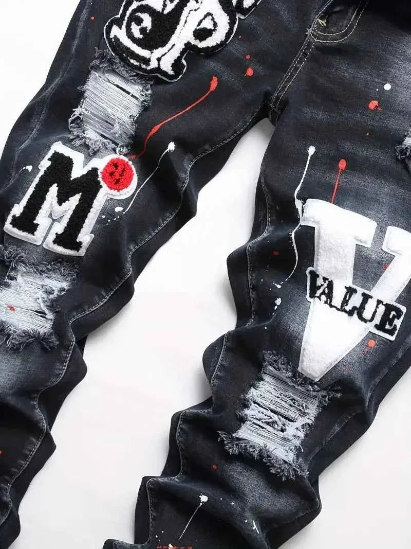 Men's Y2K Stretchy Denim Pants Ripped Skinny Letter Print elastic waist Casual pants