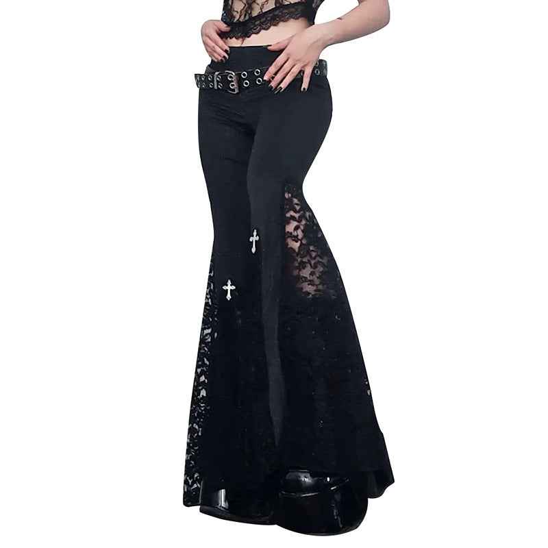 Goth Mall Flare Jeans Sexy Black Lace Patchwork High Waist Vintage Punk Grunge Streetwear