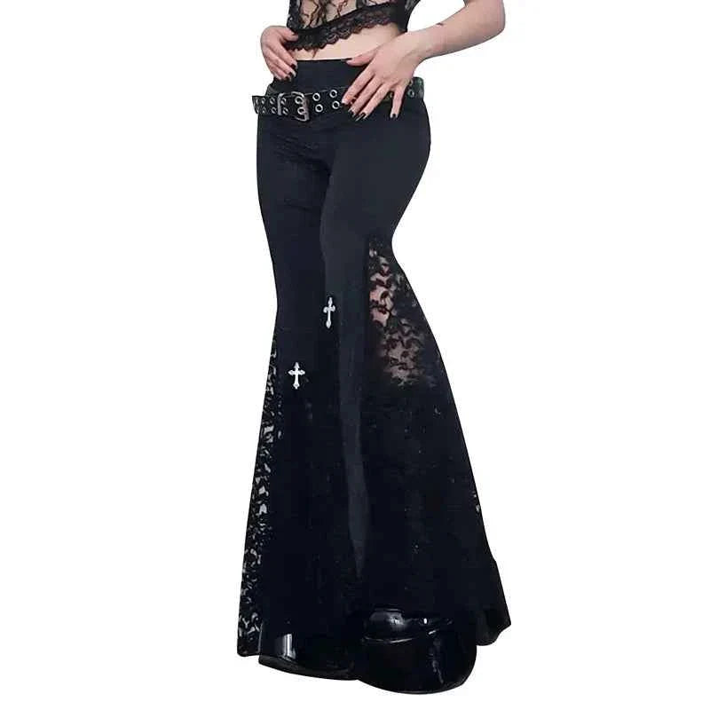 Goth Mall Flare Jeans Sexy Black Lace Patchwork High Waist Vintage Punk Grunge Streetwear