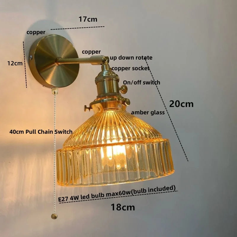 DecorBites™ Glass Pull Chain LED Wall Lamp Copper Socket Study Living Room Stair Light