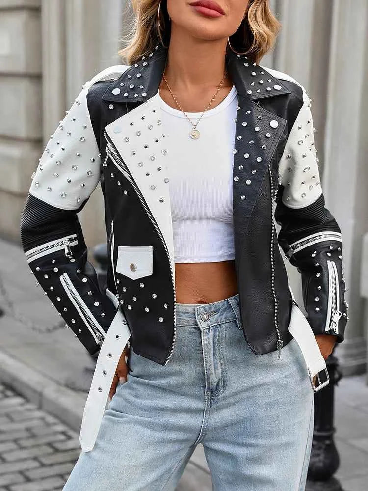 Women's Street Rivet Black White Faux Leather Jacket Moto Biker Punk Jacket