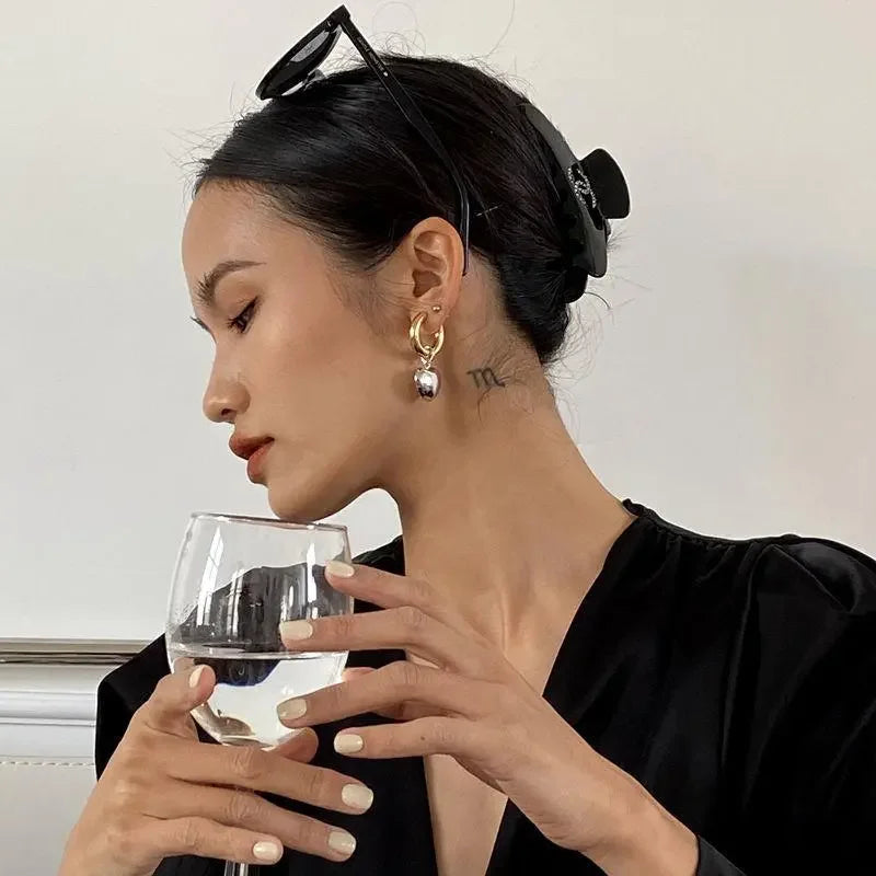 Statement Minimalist Gold Silver Color Mixed Solid Heart Pendant Hoop Earrings Street Style Korean Fashion Jewelry