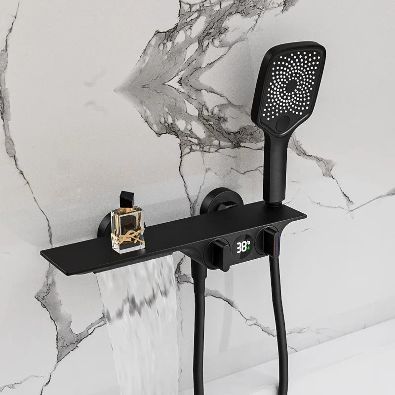 DecorBites™ Digital Display Black Waterfall Shower Mixer Wall Mount Brass Bathroom Taps