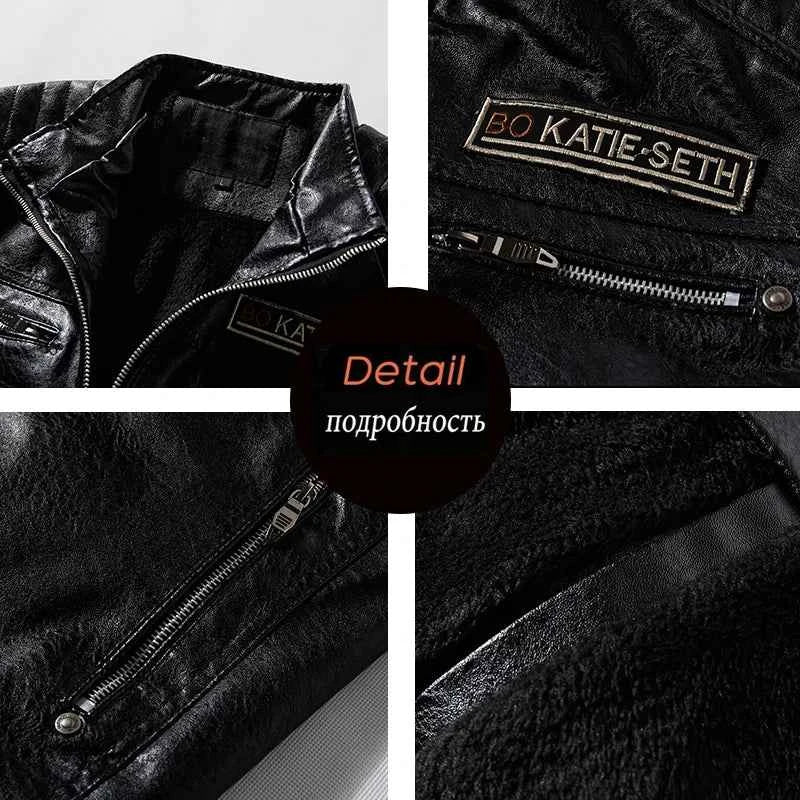 Leather Coat Men Winter Fleece Motorcycle Faux Leather  Removable Fur Collar