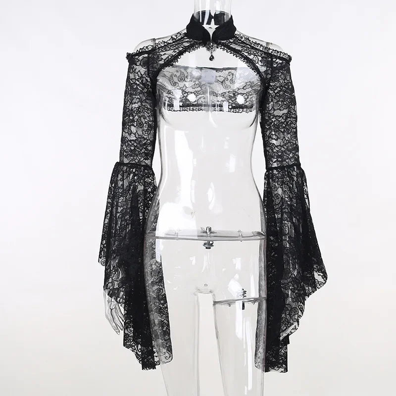 Gothic Classic Lace Flare Sleeve Blouse Y2K Rave