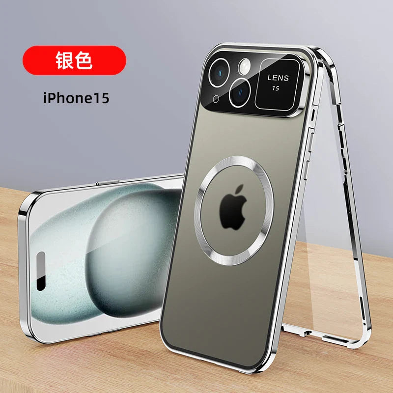 For iPhone 16 15 14 13 12 Pro Max Large Window Lens Protection Aluminum Metal Magnetic Case