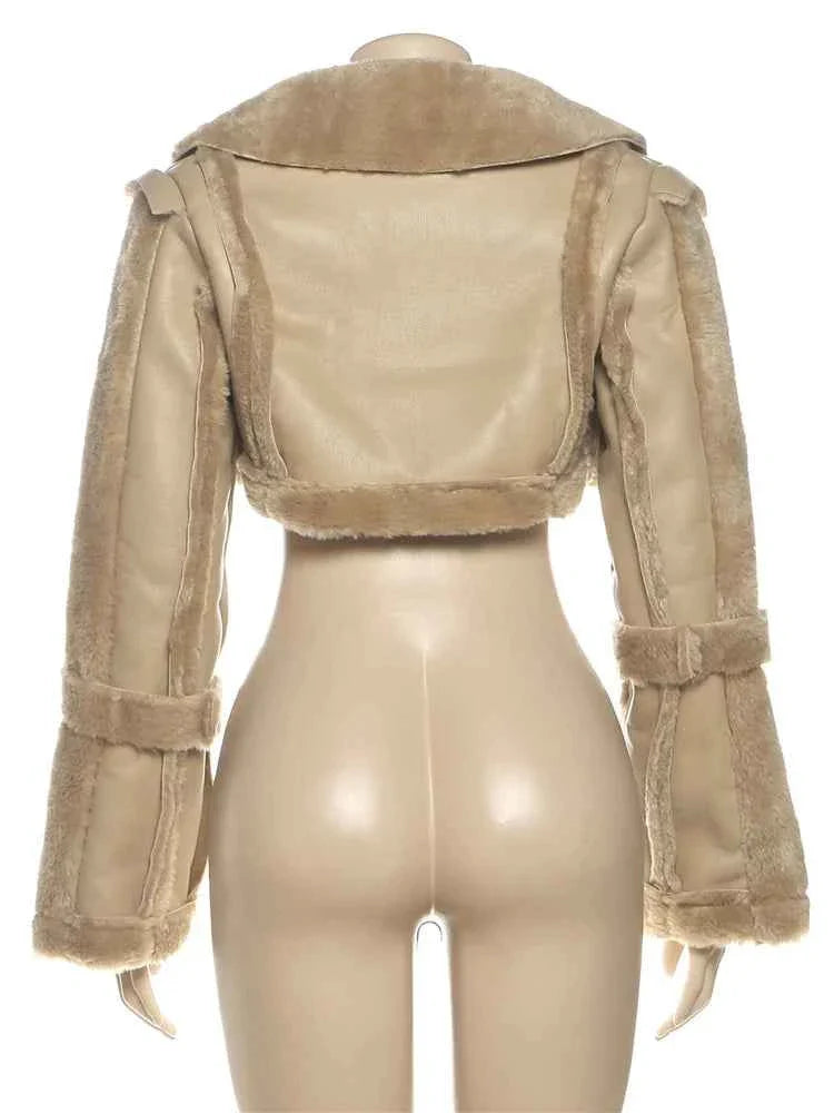 Furry Patchwork Women's Crop Jacket Warm Outwear Basic