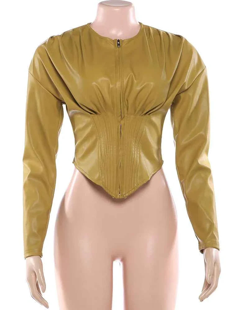 PU Crop Jacket Women Irregular Waist-Cinch Spring Wild Zip Full Sleeve Streetwear
